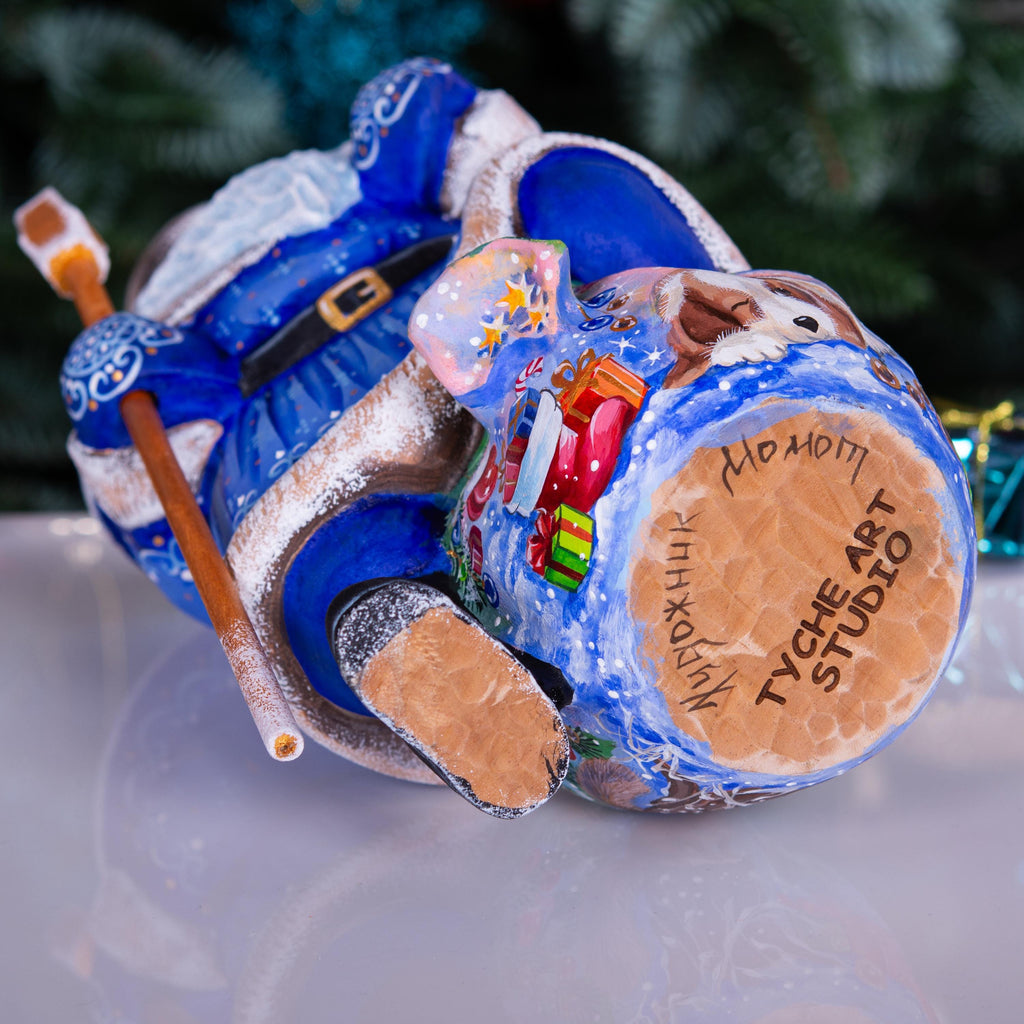 Blue Santa wooden figurine 9.5 inch, hand carved Christmas mantel display decor