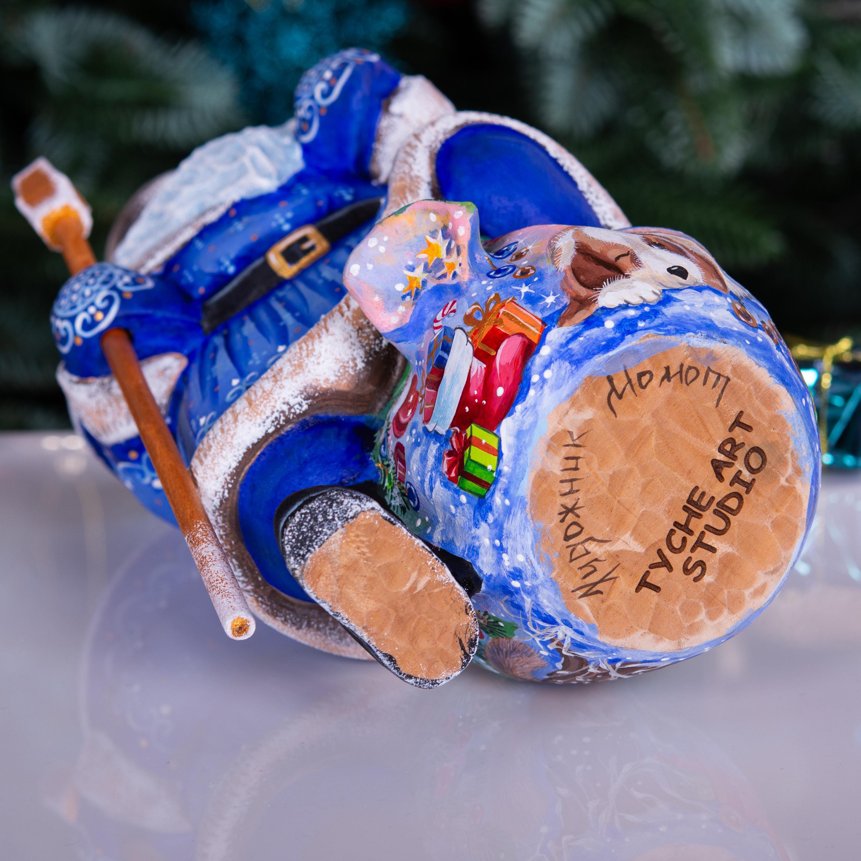 Blue Santa wooden figurine 9.5 inch, hand carved Christmas mantel display decor