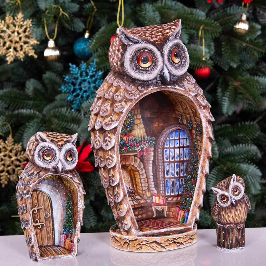 Hand Carved Christmas Owl Figurines: Wooden Nesting Set with Hand-Painted Fireplace Interiors