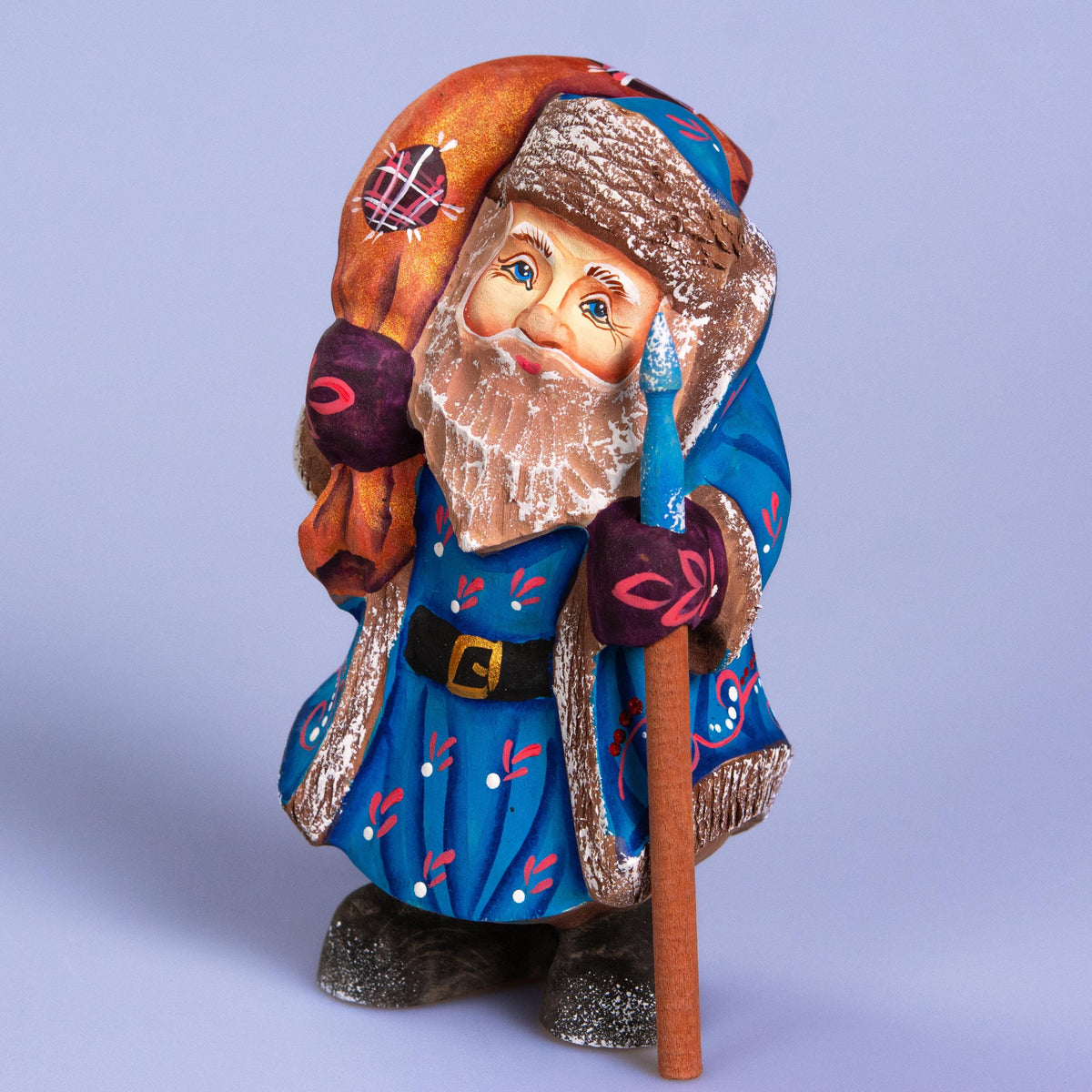 Father Frost Figurine Hand Carved Wood Blue Robe Staff and Sack 6″