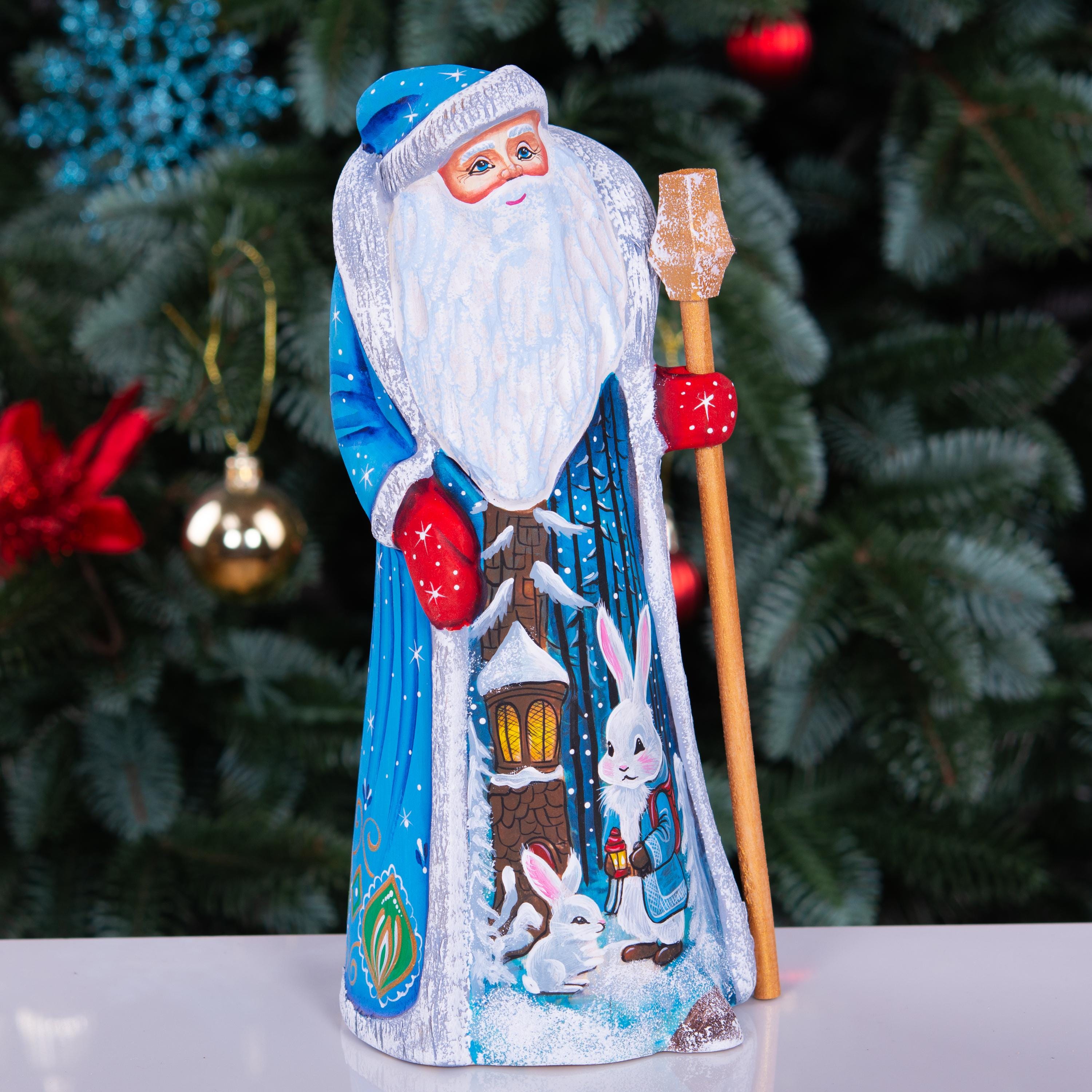 Hand carved Santa wooden figurine 9 inch, rabbits and lantern scene
