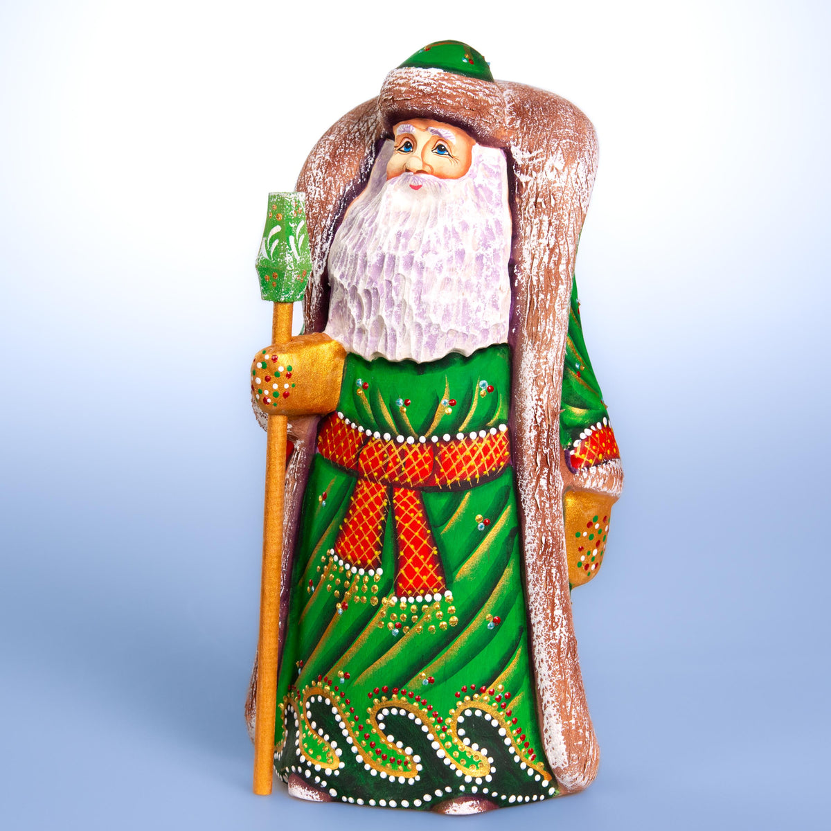 Hand carved Santa wooden figurine 9.5 inch, green coat mantel decor