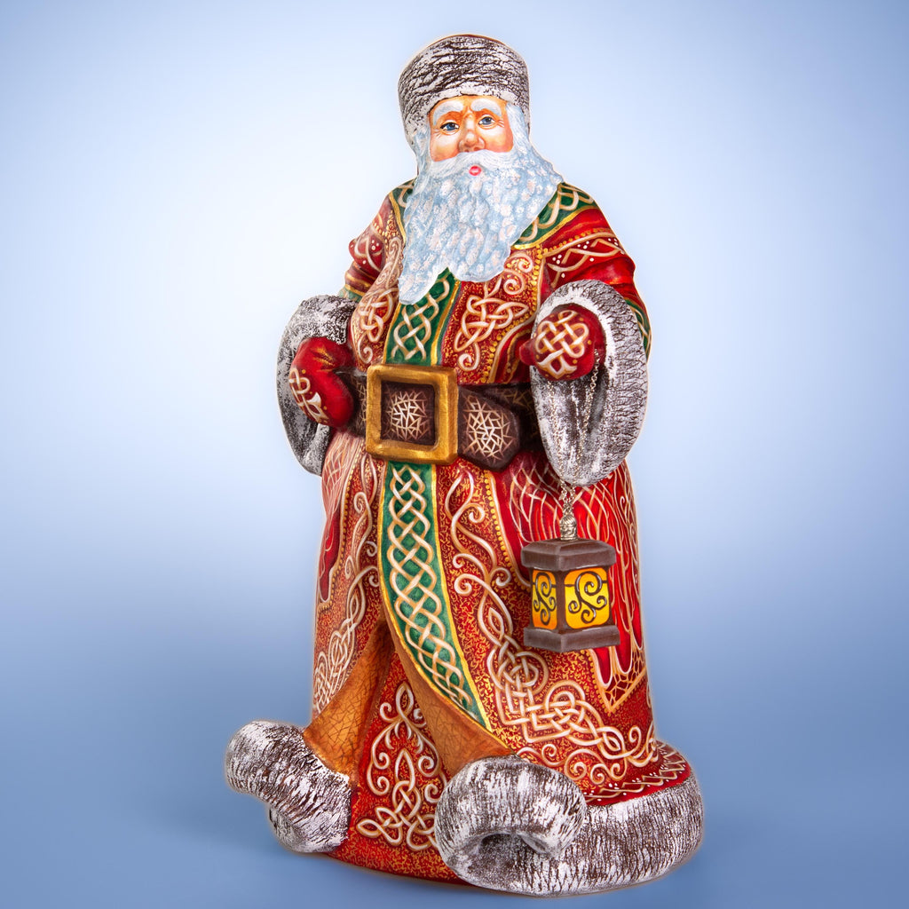Hand carved wooden Santa figurine 14 inch, Celtic knot pattern, lantern display