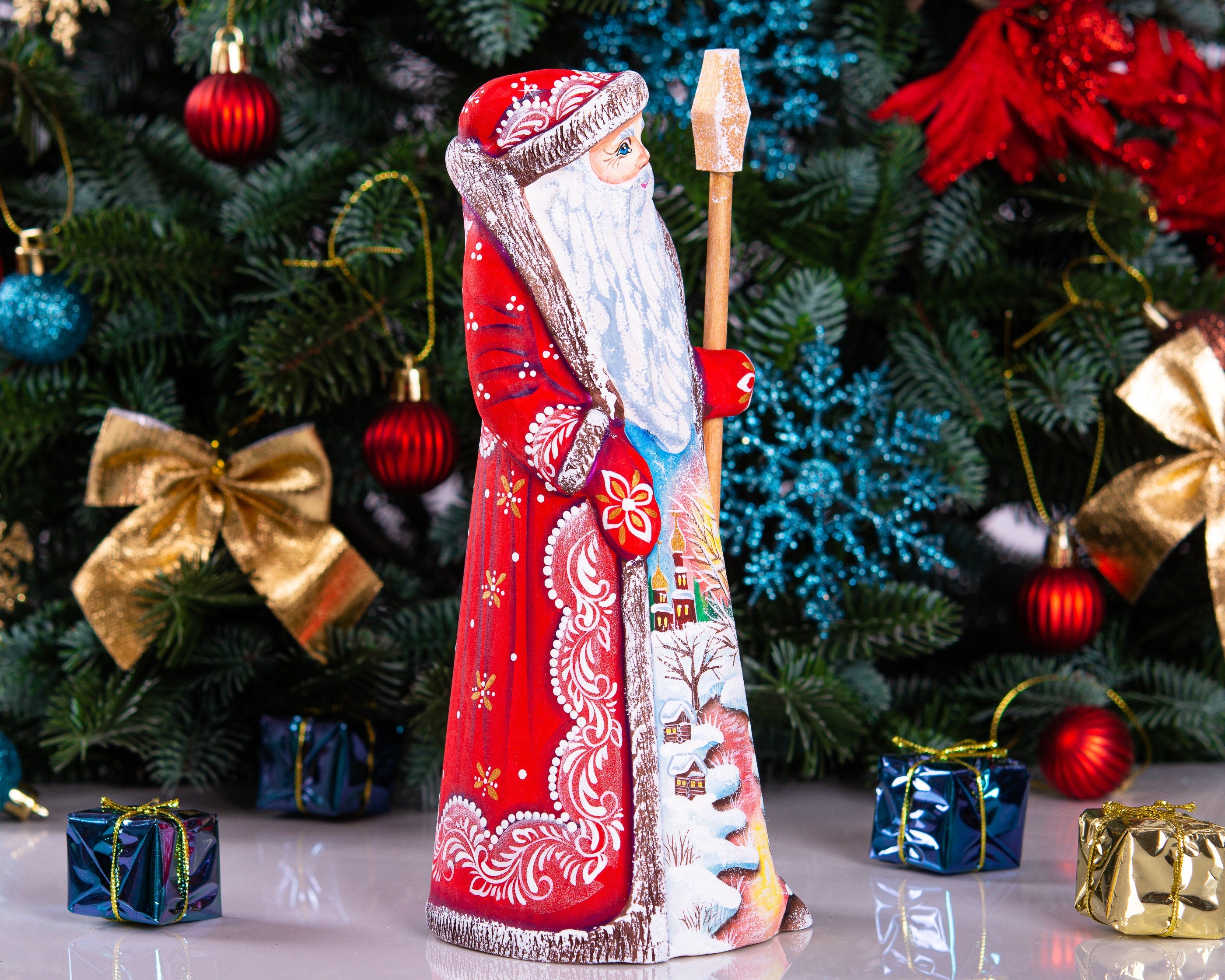 Russian Santa wooden figurine 9 inch, snow covered cottages painting, classic Christmas mantel display