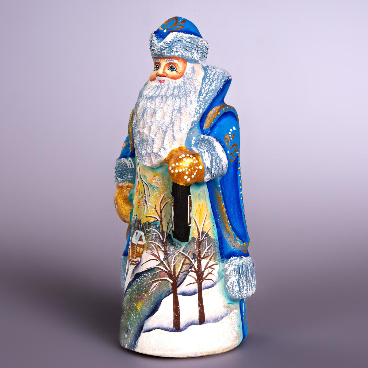 Hand Carved Wooden Santa Figurine 7", Blue Coat, Lantern, Old World