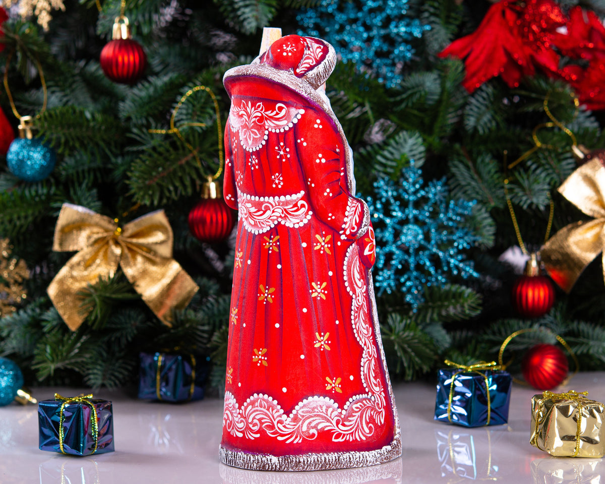 Russian Santa wooden figurine 9 inch, snow covered cottages painting, classic Christmas mantel display