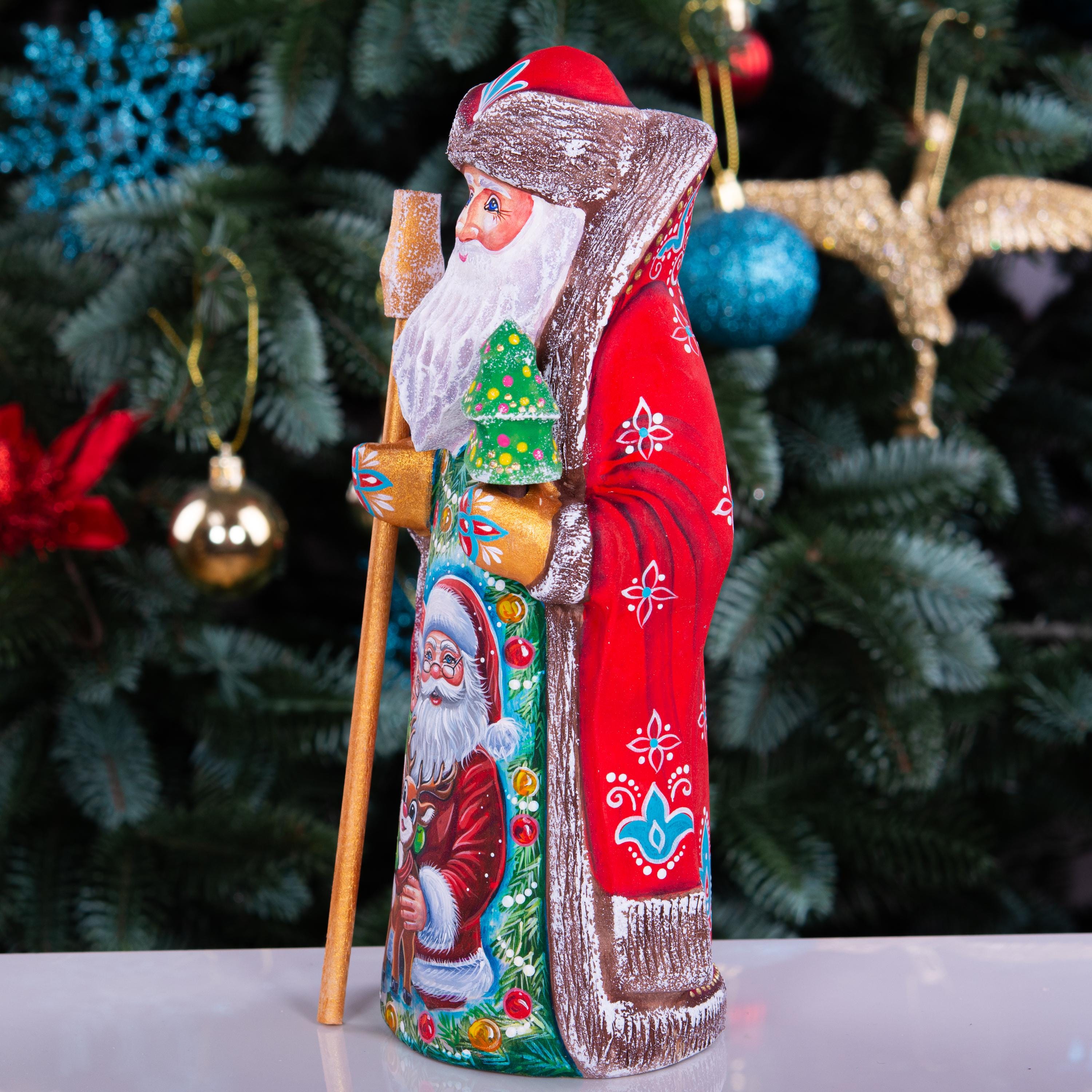 Hand carved Santa and Mrs Claus statue 9 inch, Rudolph fawn