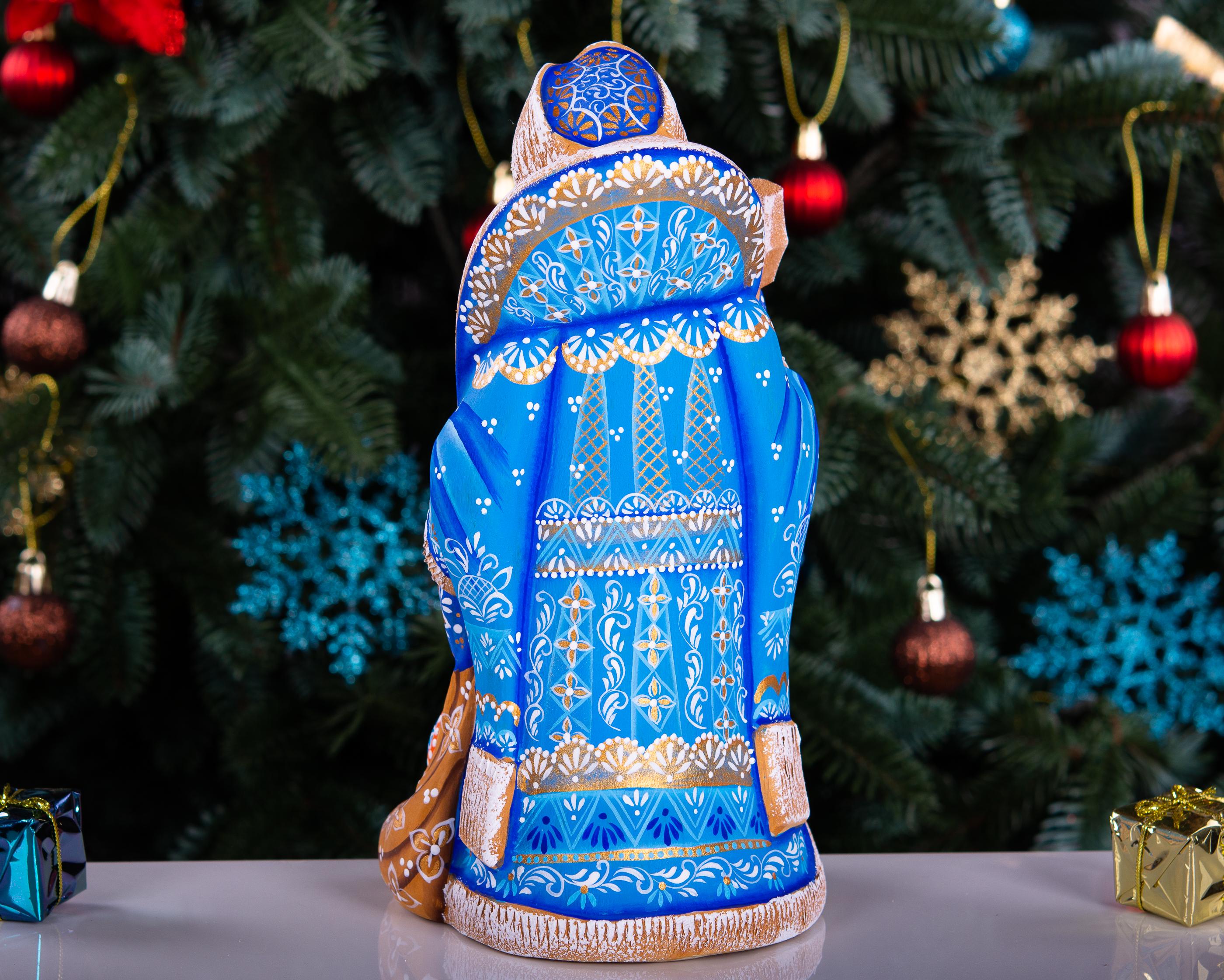 Hand carved blue Santa wooden figurine 9 inch, toy sack, mantel decor