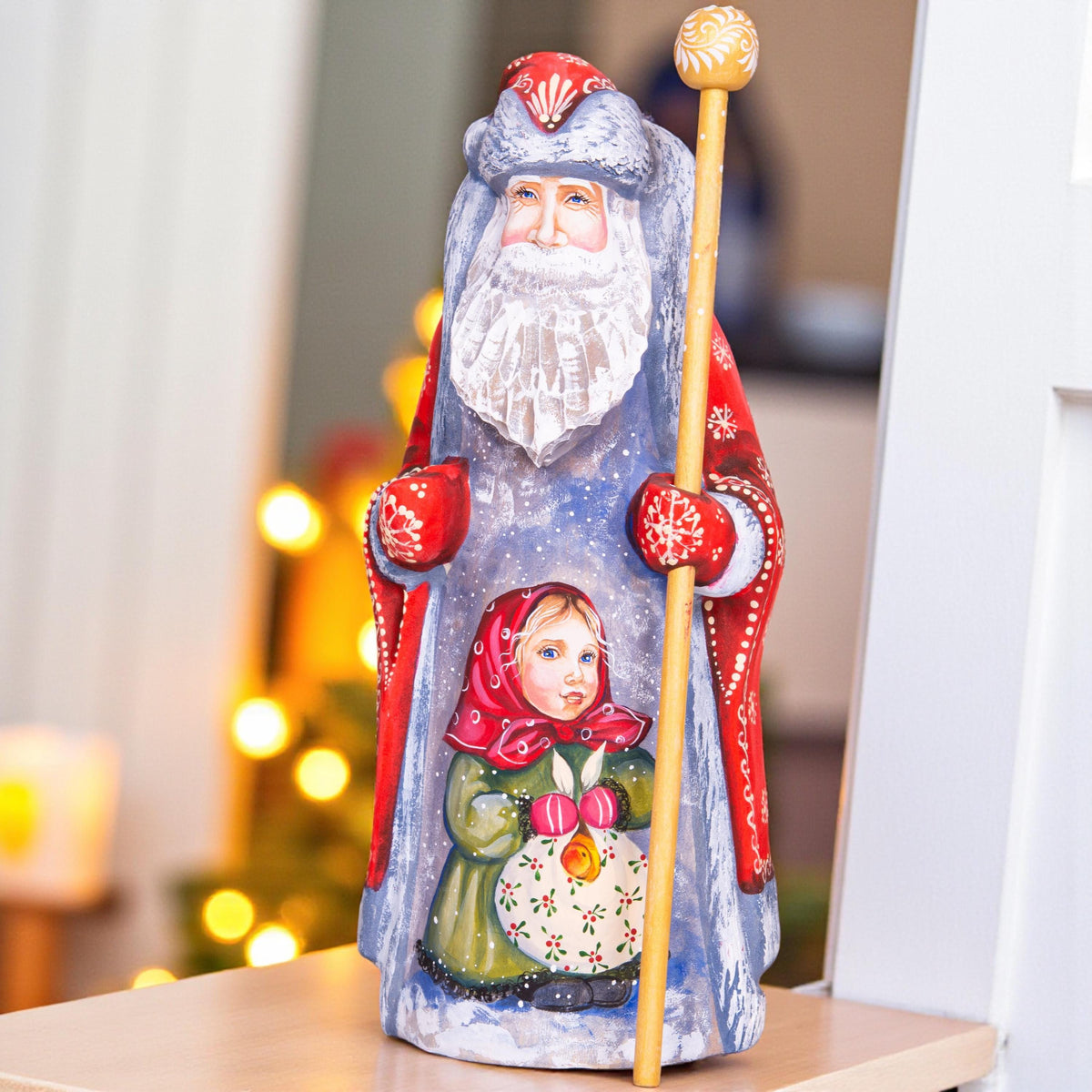 Old-World Santa Claus figurine 9 inch hand carved wood, cozy child artwork, mantel centerpiece