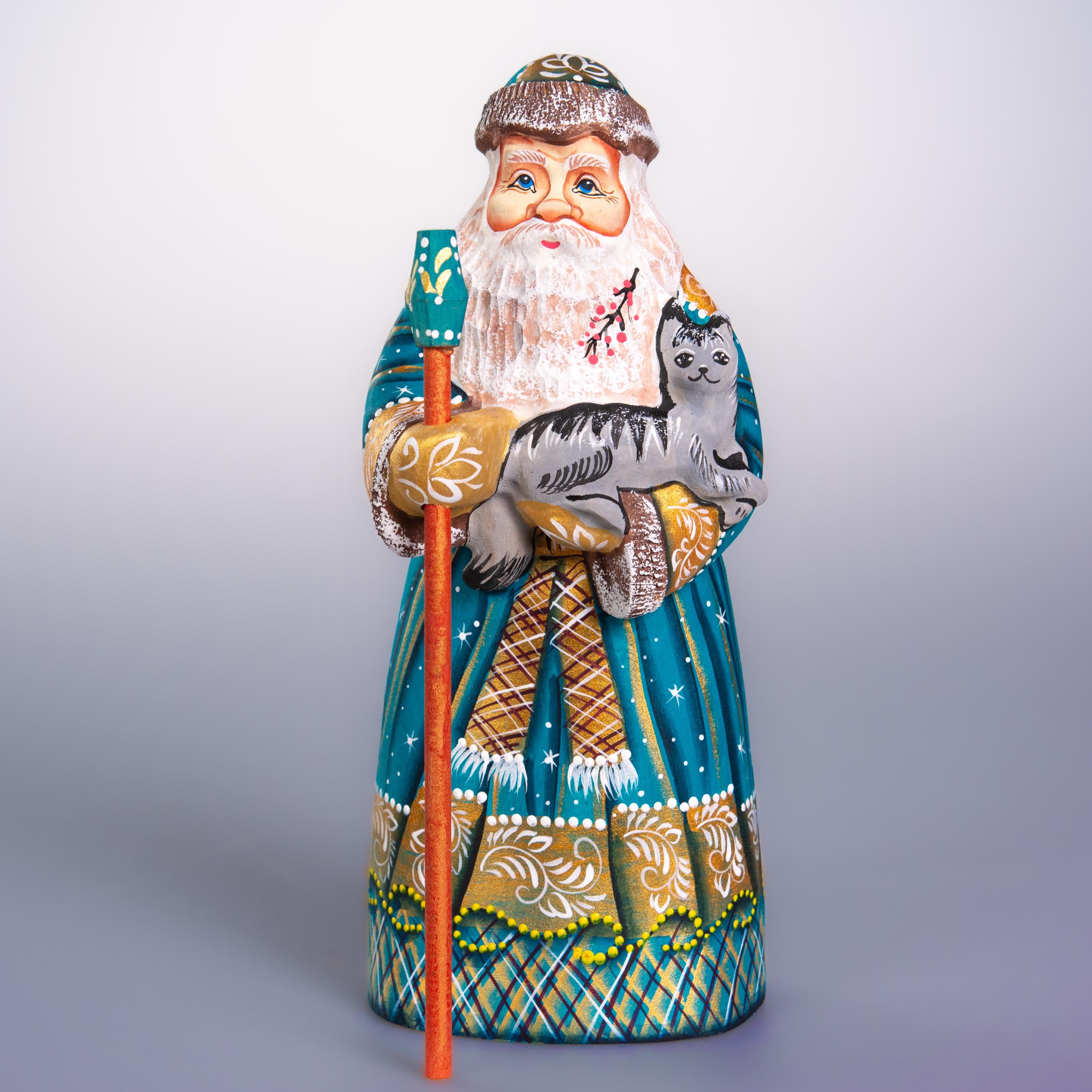 Hand carved Santa wooden figurine 9 inch, cat lover gift, mantel decor