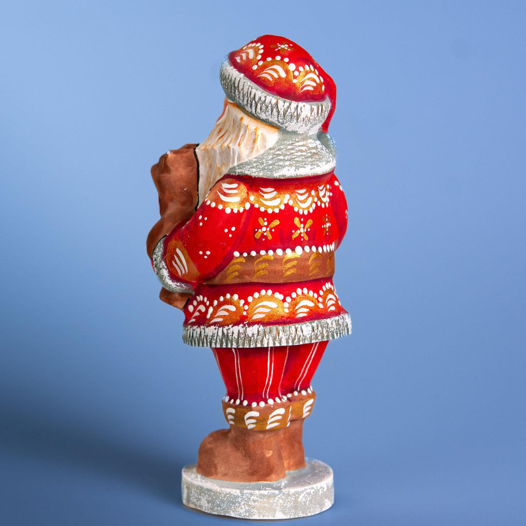 Hand carved wooden Santa figurine 7 inch, teddy bear toy, Christmas mantel decor