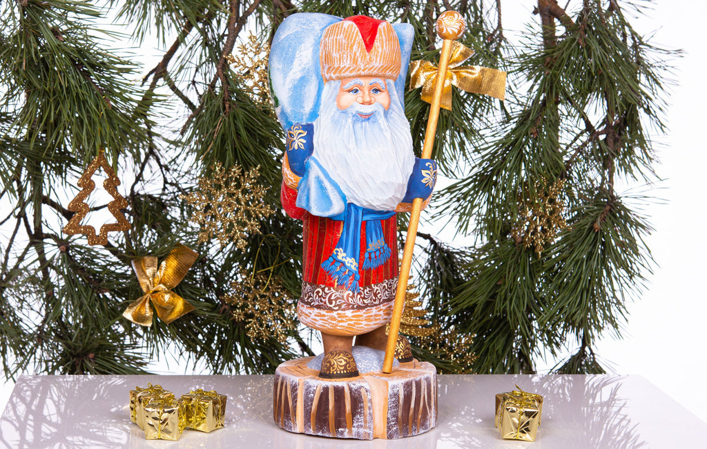 Hand carved wooden Santa figurine 13.8 inch, winter woodland animals artwork, mantel decor