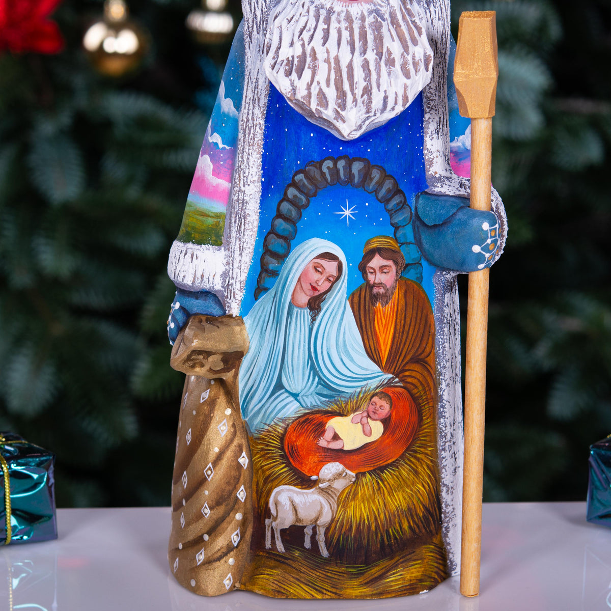 Old World Santa wooden figurine 9 inch, Holy Family manger, mantel decor