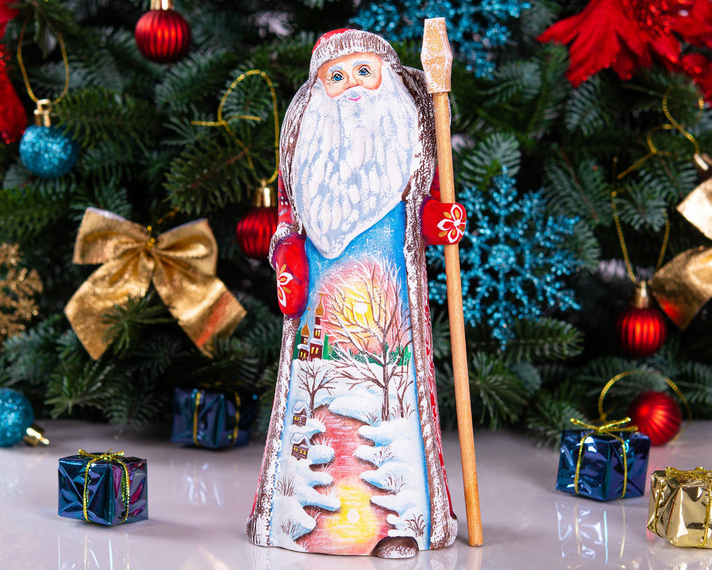 Russian Santa wooden figurine 9 inch, snow covered cottages painting, classic Christmas mantel display