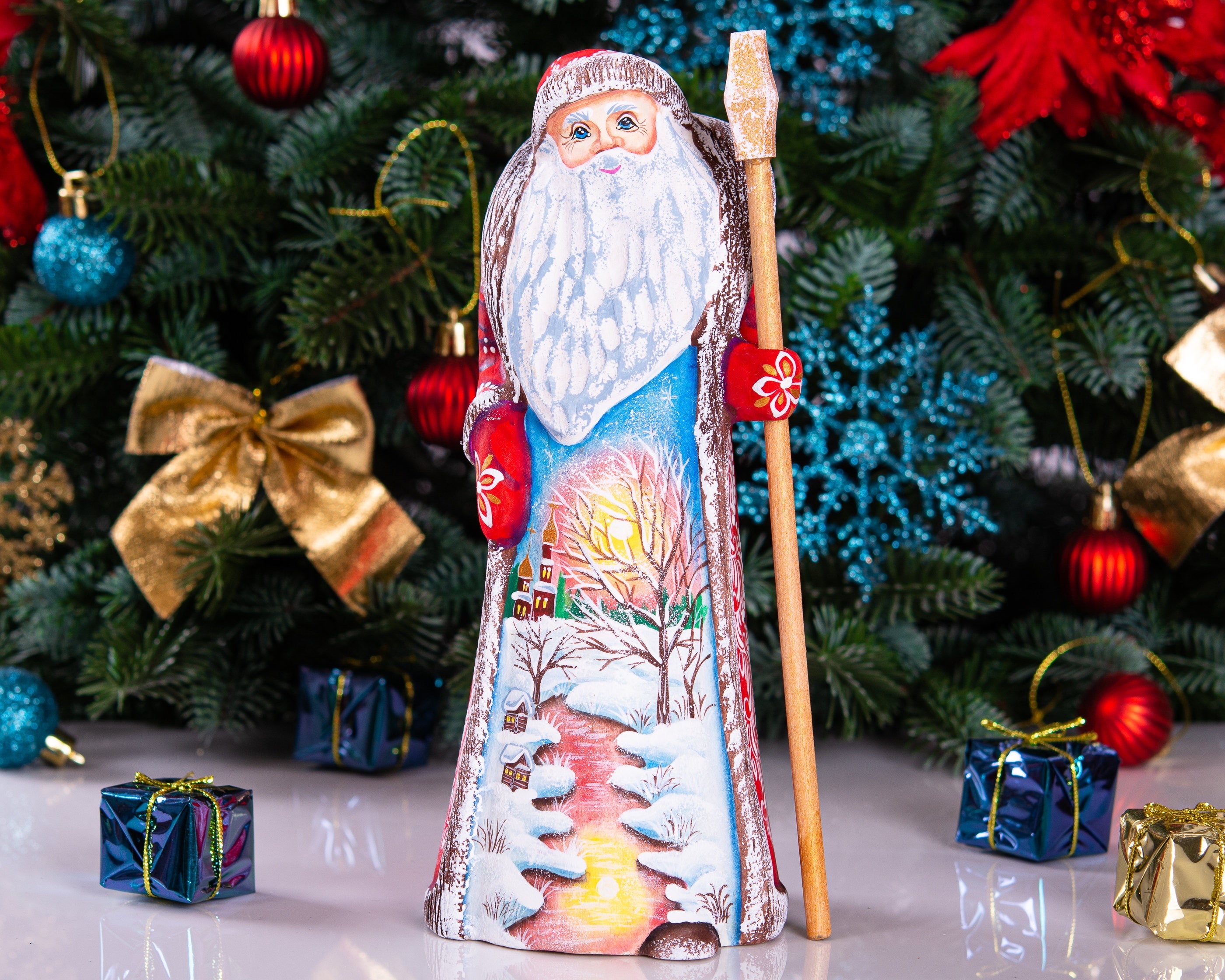 Russian Santa wooden figurine 9 inch, snow covered cottages painting, classic Christmas mantel display