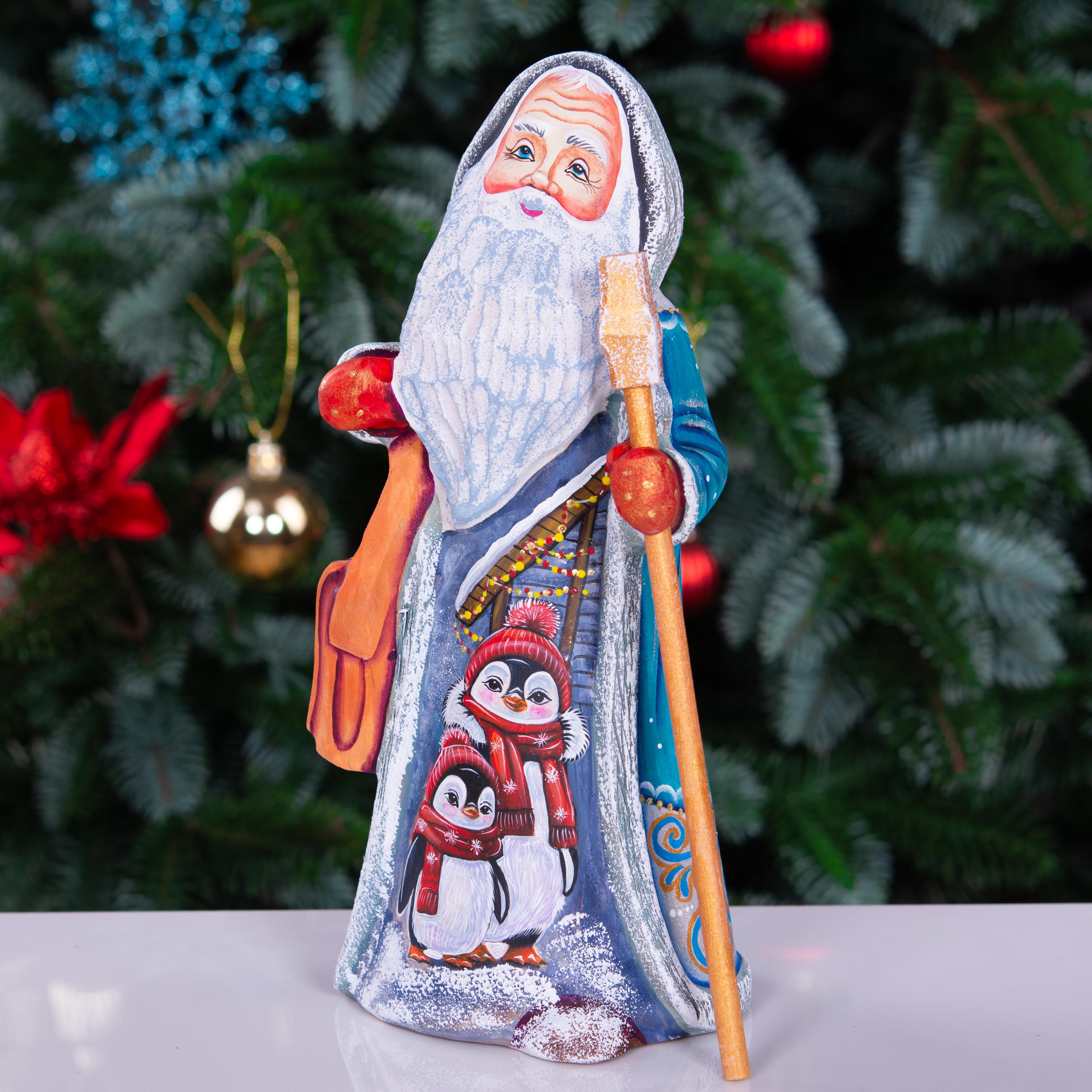 Kris Kringle solid wood figurine 9 inch, teal robe penguins, shelf decor
