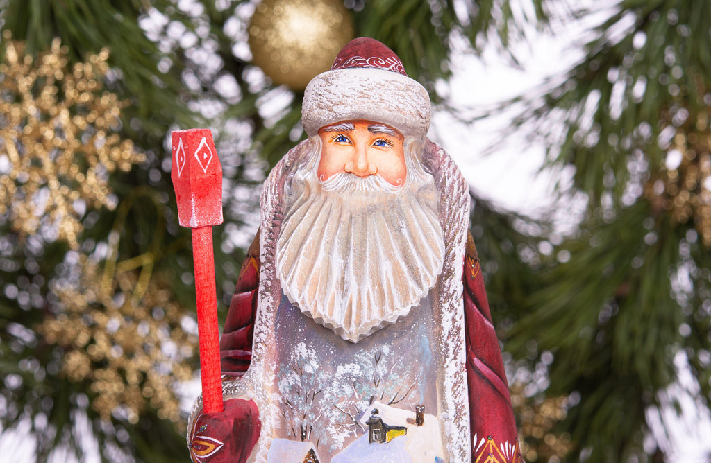 Kris Kringle hand carved wooden figurine 9 inch, gift sack & staff, Christmas home accent