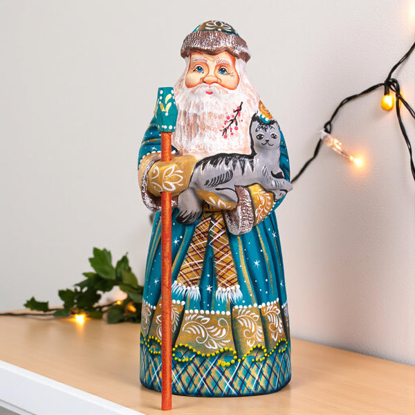 Hand carved Santa wooden figurine 9 inch, cat lover gift, mantel decor