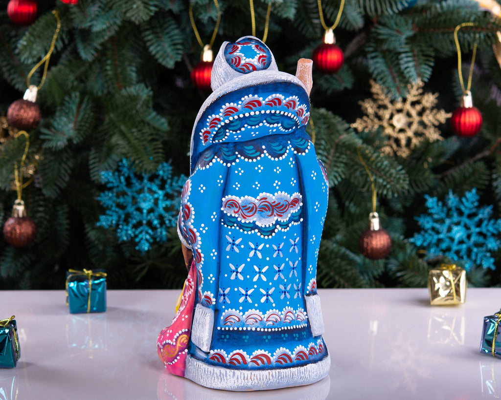 Blue Santa Claus wooden figurine 9 inch, hand carved collectible holiday accent