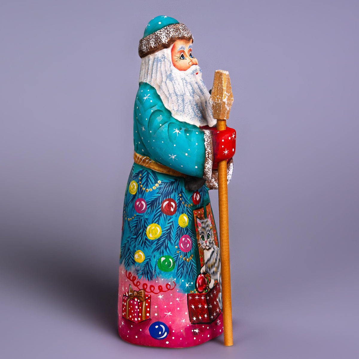 Hand Carved Wooden Santa Claus Figurine with Cat: Signed Folk Art