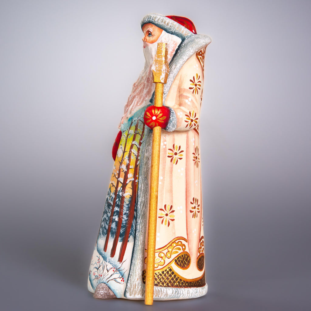 Hand carved wooden Santa figurine 9 inch, winter forest landscape, holiday shelf decor
