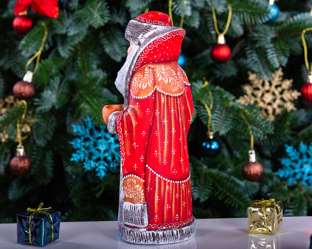 Hand carved wooden Santa figurine 9 inch, sunset winter landscape, mantel display