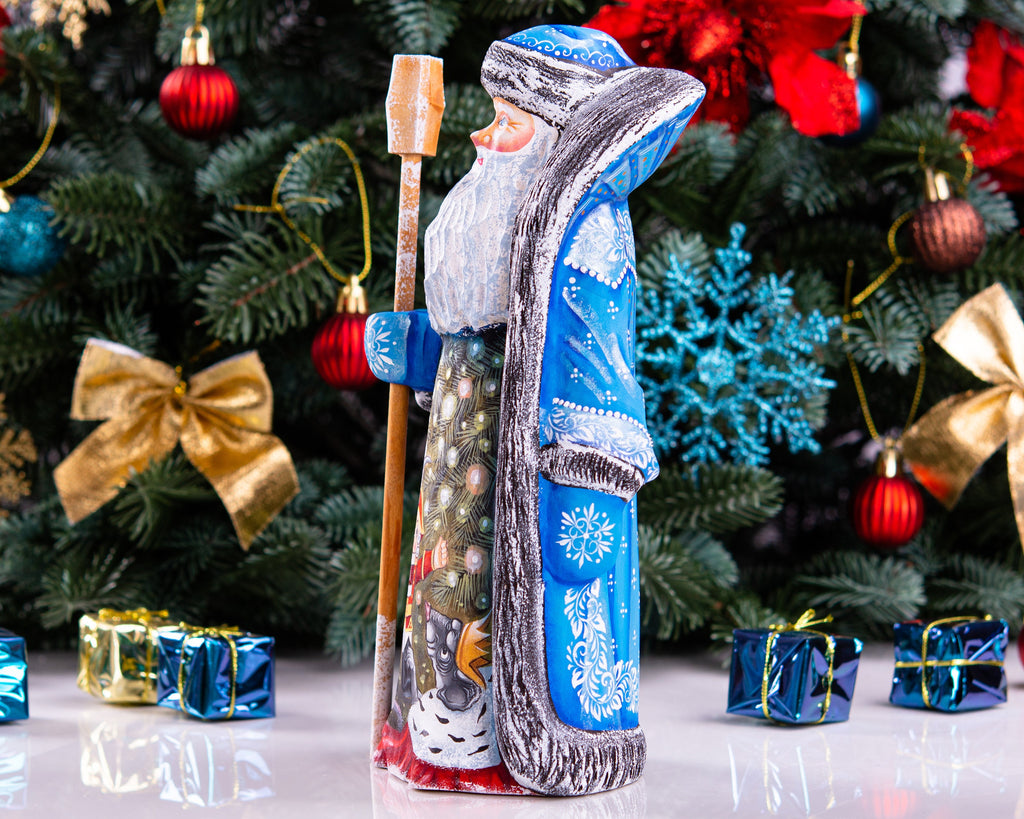 Hand carved wooden Santa figurine 9.4 inch, Nutcracker scene, blue coat, holiday mantel display