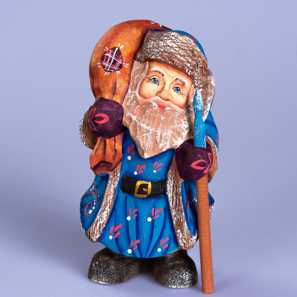 Father Frost Figurine Hand Carved Wood Blue Robe Staff and Sack 6″