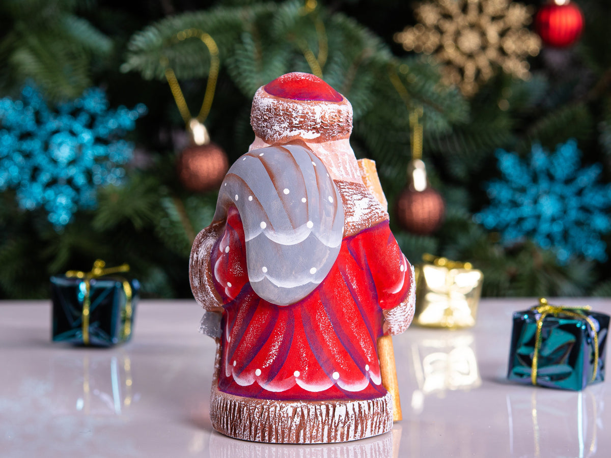 Small Santa Claus wooden figurine 5 inch, snowy forest painting, collectible holiday decor