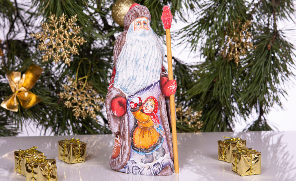 Hand-Carved Wooden Santa Claus Figurine 9inch: Folk Art Christmas Decor