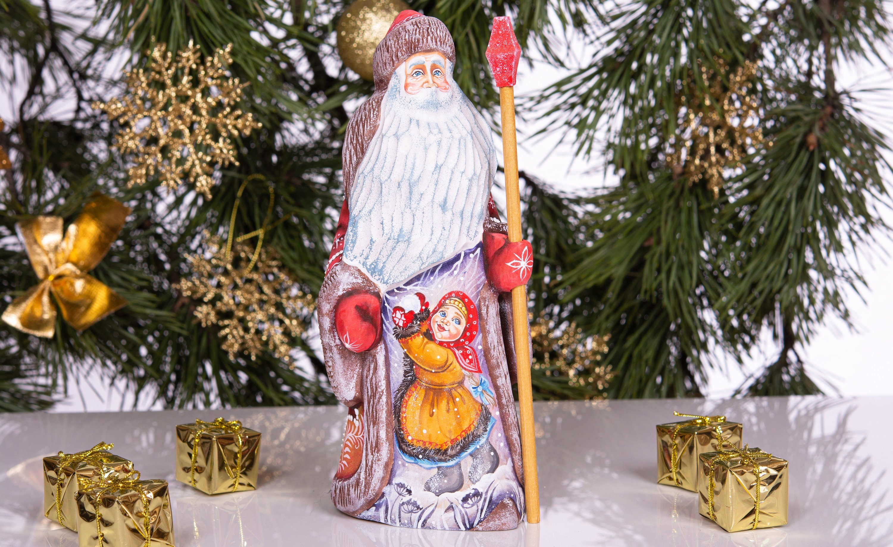 Hand-Carved Wooden Santa Claus Figurine 9inch: Folk Art Christmas Decor