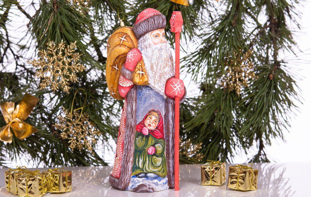 Hand carved Santa Claus wood figure 10 inch, gift sack, rustic holiday shelf display
