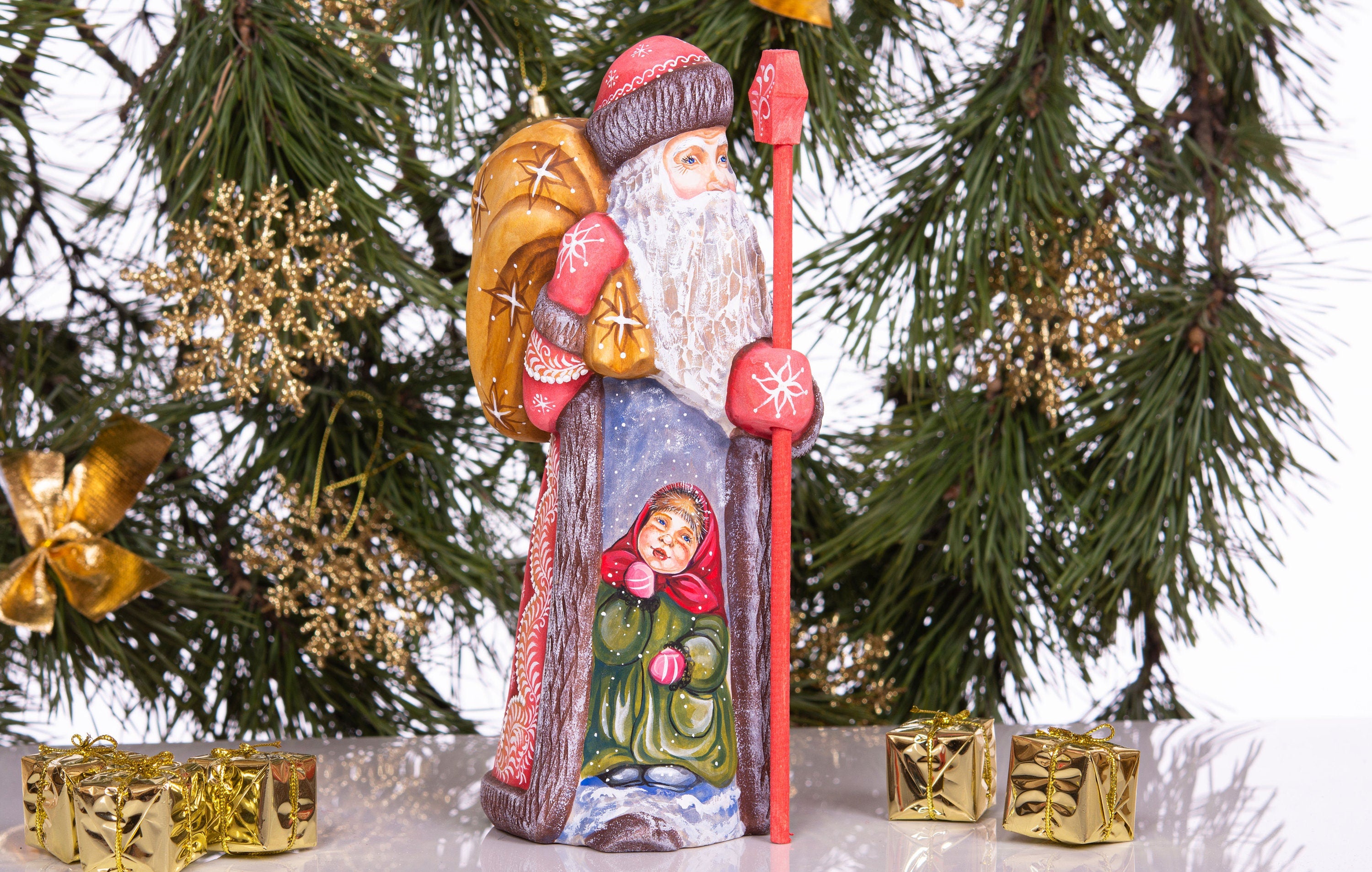 Hand carved Santa Claus wood figure 10 inch, gift sack, rustic holiday shelf display