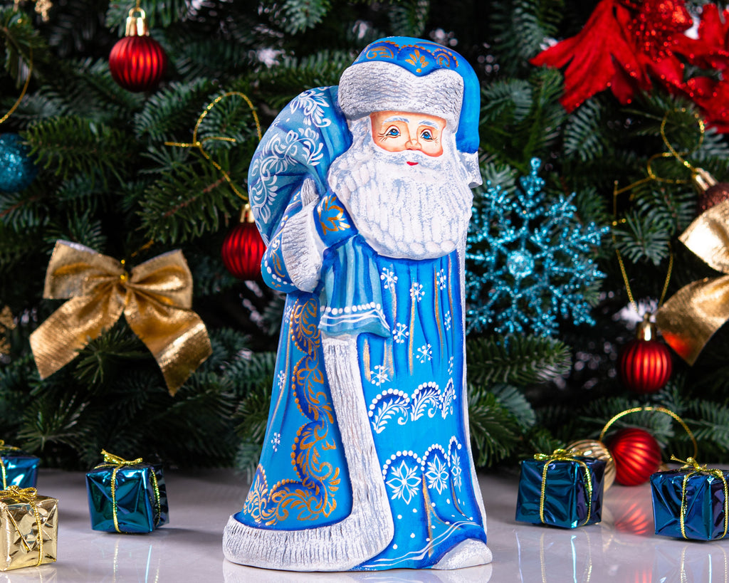 Wooden Santa Figurine in Blue with Sack 9", Hand Painted Shelf Decor