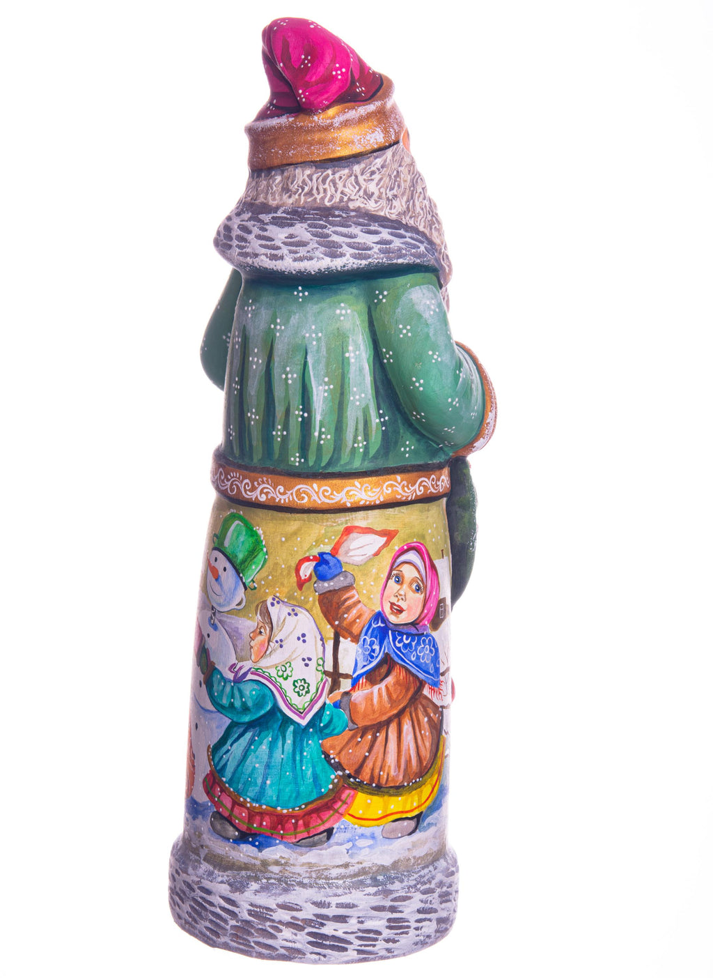 Hand carved green Santa wooden figurine 11 inch, children snowman scene