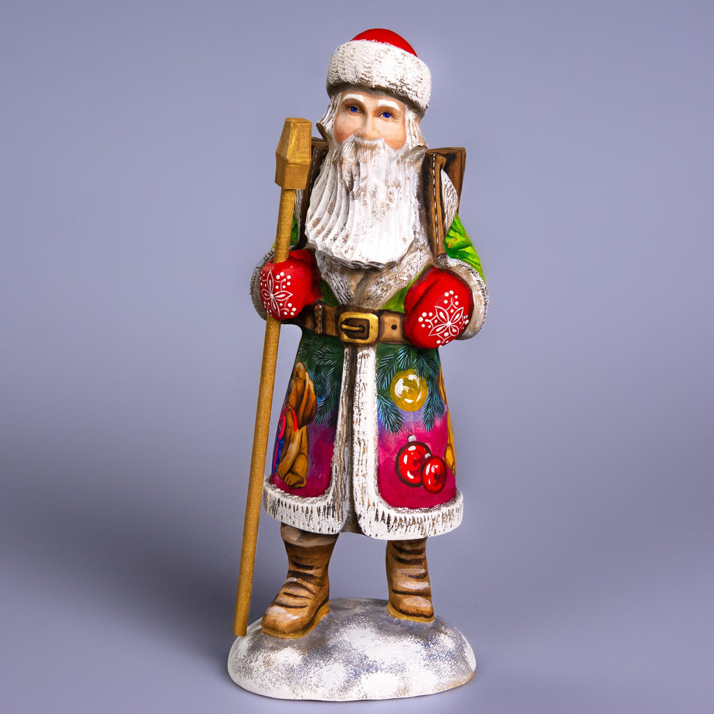 Santa with Puppy Figurine 11", Hand Carved Wood, Christmas Mantel Decor