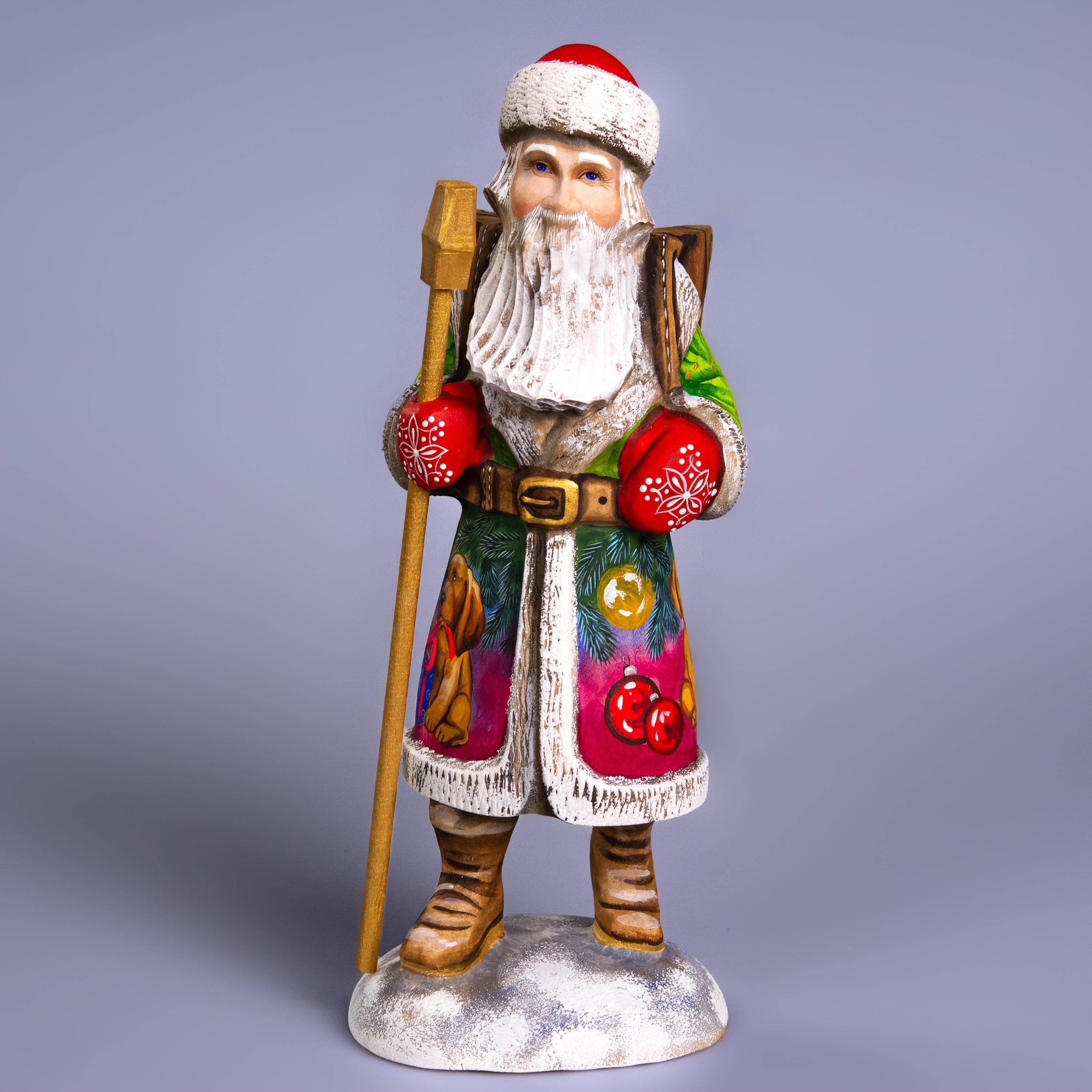 Santa with Puppy Figurine 11", Hand Carved Wood, Christmas Mantel Decor