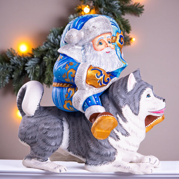 Hand carved Santa riding husky dog wood carving 9 inch, rustic holiday centerpiece