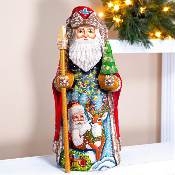 Hand Carved Wooden Santa Figurine 9 inch, Red Coat, Reindeer Scene