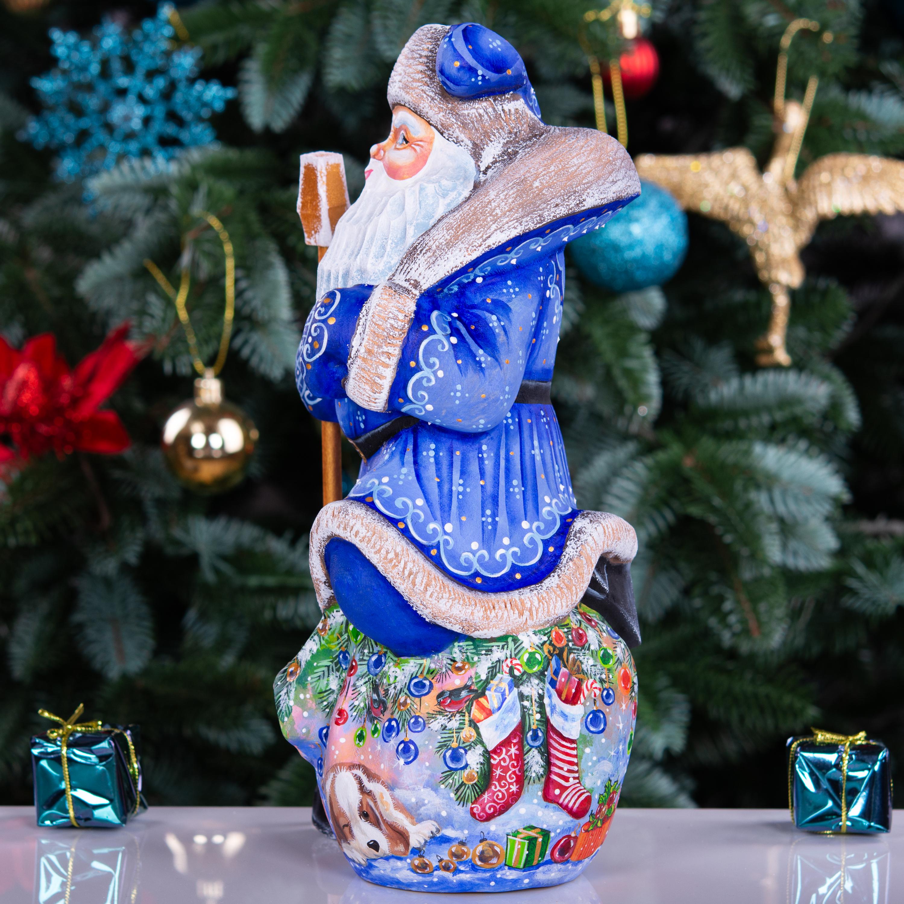 Blue Santa wooden figurine 9.5 inch, hand carved Christmas mantel display decor