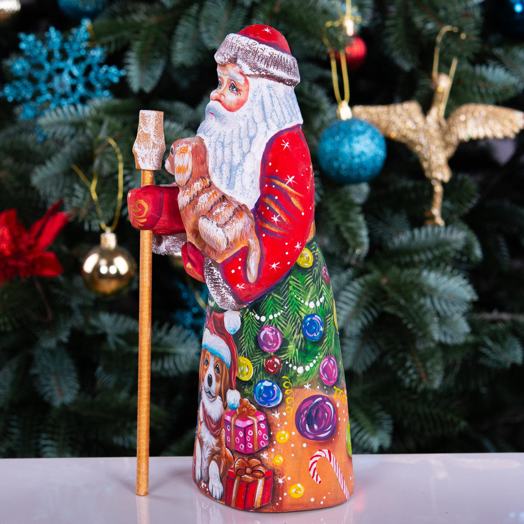 Hand Carved Santa Claus Figurine with Dog: Painted Wood Christmas Decor