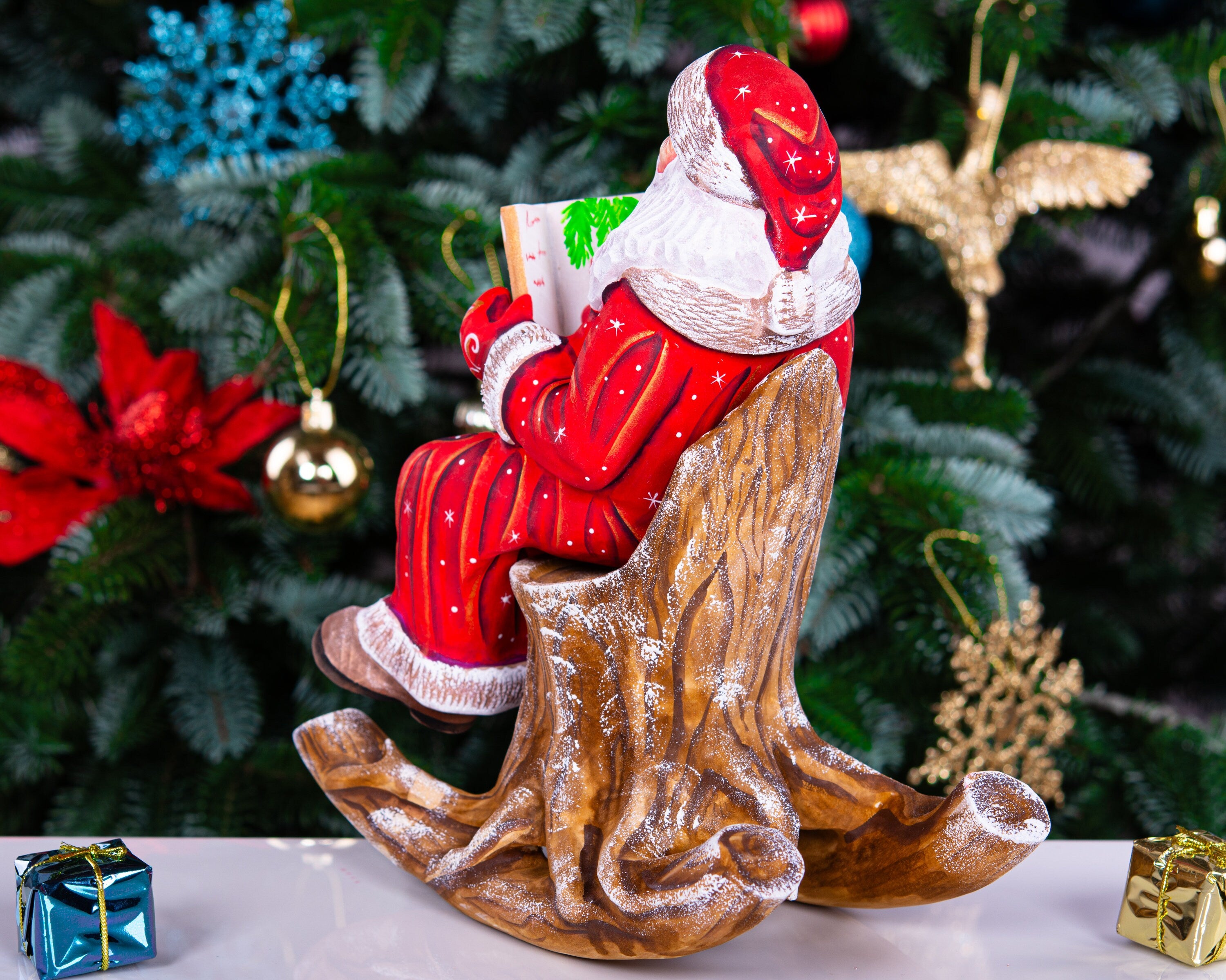 Hand carved wooden Santa figurine 9.4 inch, rocking chair Christmas story decor