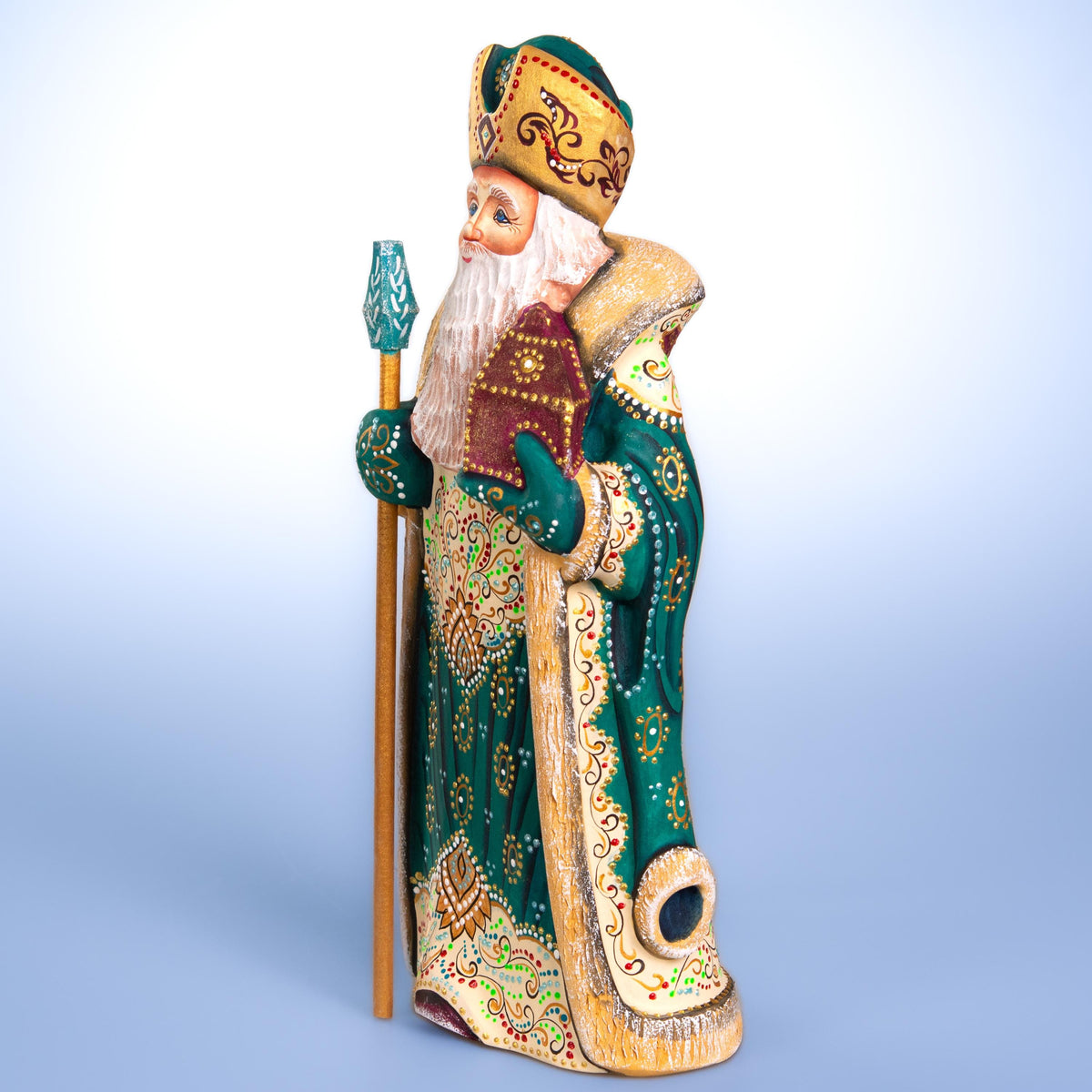 Kris Kringle Santa figurine 12 inch, emerald coat mantel display