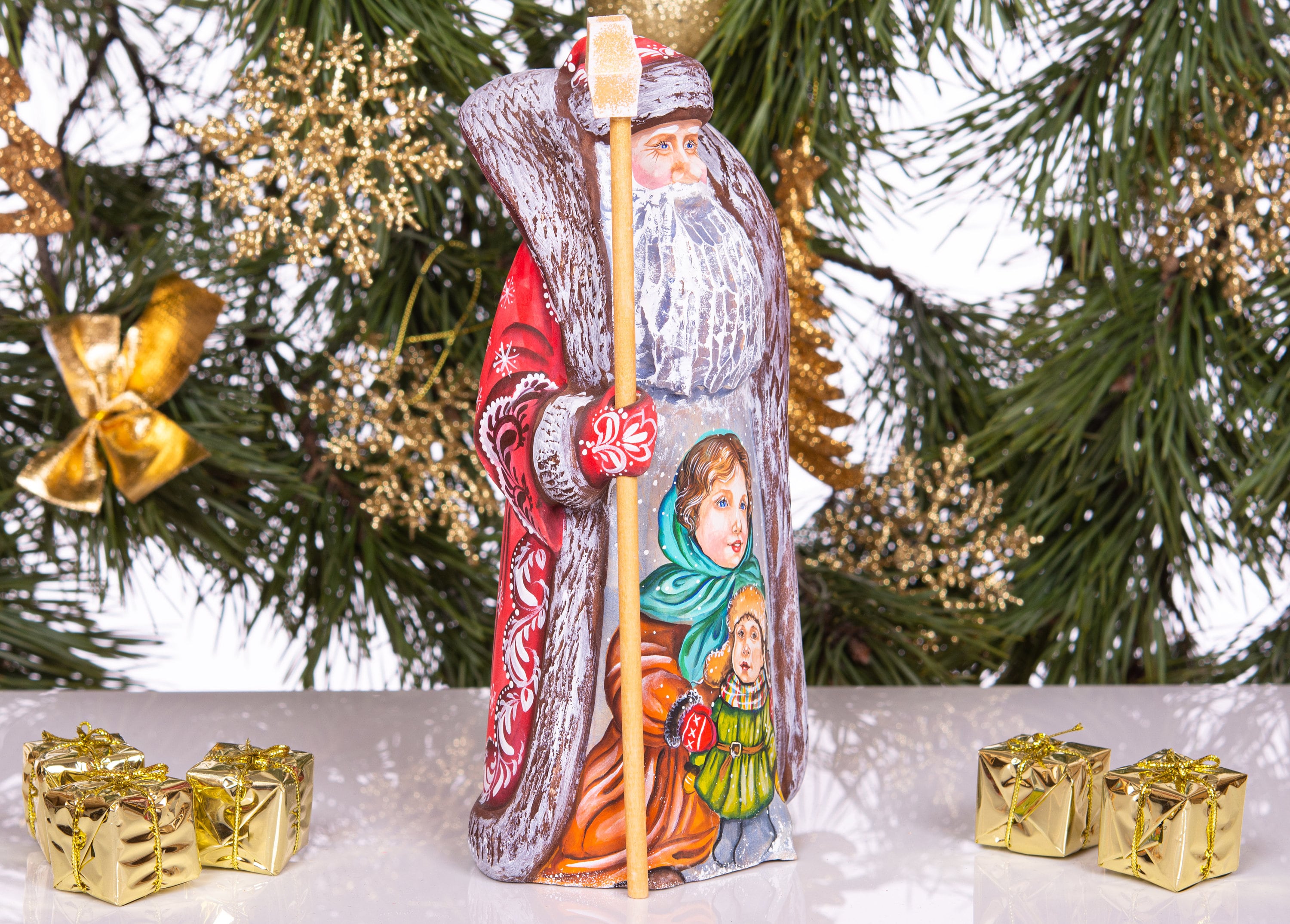 Hand carved Santa 9.5 inch solid wood figurine, children portrait