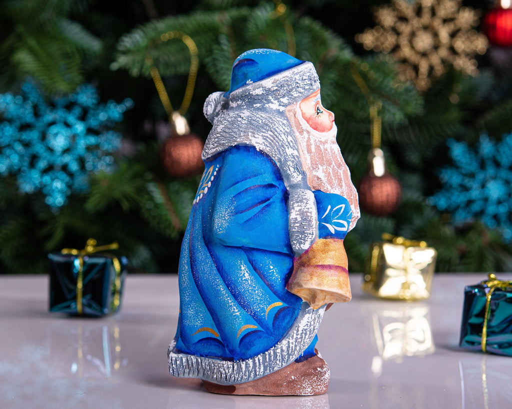 Santa Figurine Hand Carved Wood Bell and Gifts Bird Accents 5.5″