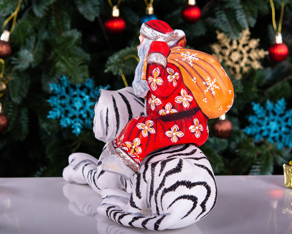 Hand carved wooden Santa riding white tiger figurine, unique Christmas home decor