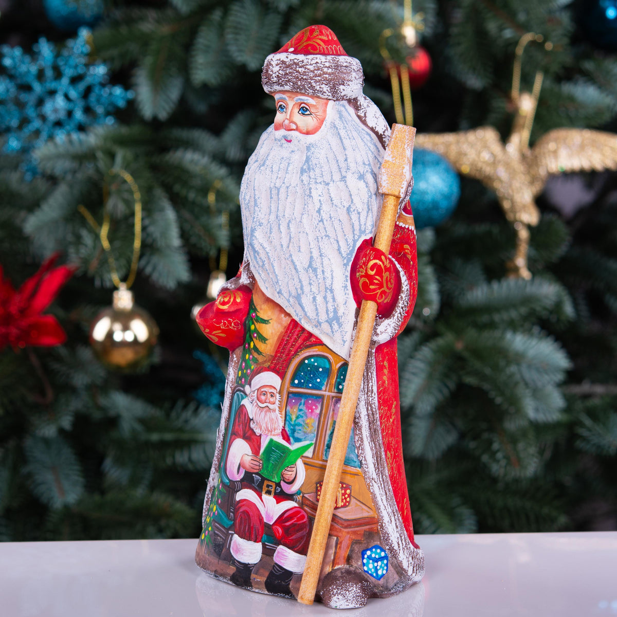 Hand carved Old-World Santa wooden figurine 9 inch, cozy window reading scene, mantel decor