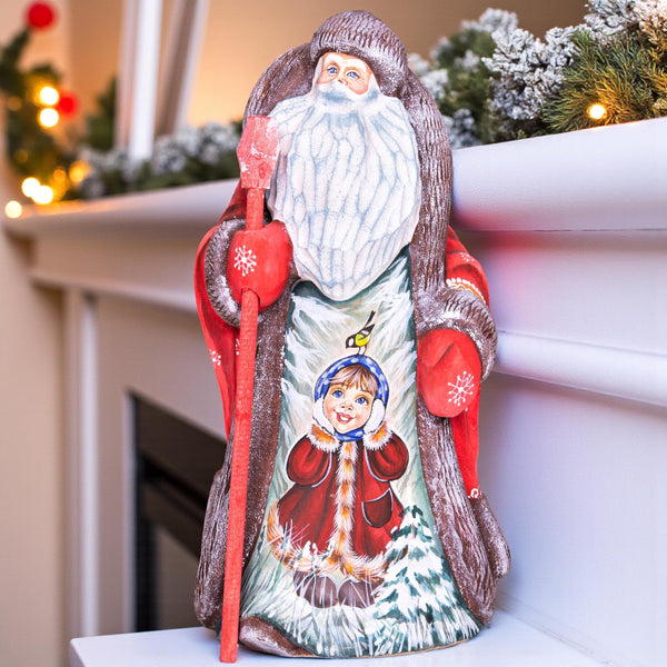 Old-World Santa wooden figurine 9.4 inch, winter child scene with bird, mantel display