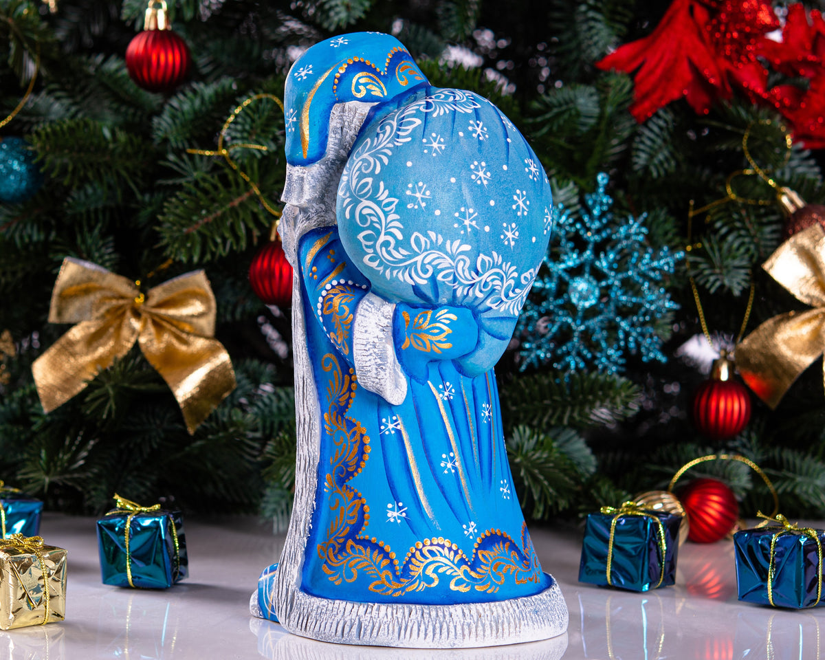 Wooden Santa Figurine in Blue with Sack 9", Hand Painted Shelf Decor
