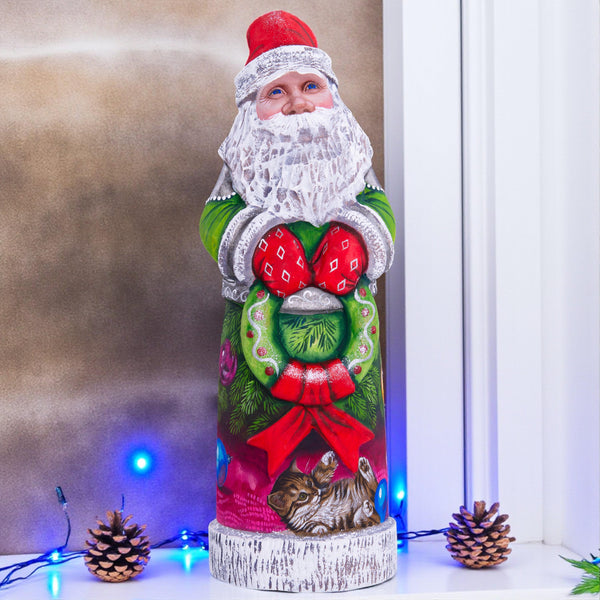 Tall Santa Claus wooden figurine 11 inch, wreath and kittens, pet lover holiday decor